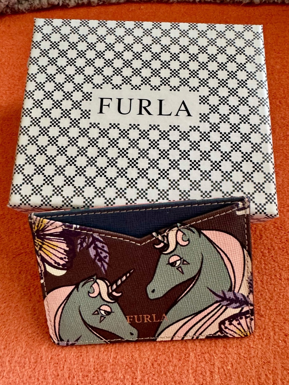 Furla Unicorn Print Cardholder Limited Edition Gray Pink Brown